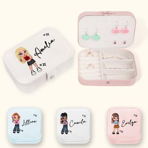 Personalised Portable Y2K Cartoon Character Leather Jewellery Box with Name Birthday Mother's Day Accessory Gift for Women Girls