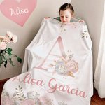 Personalized Pink Floral Soft Throw Blanket with Initial and Name Birthday Baby Shower Gift for Baby Girls