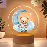 Veilleuse LED Acrylique Personnalisée avec Nom Style Bébé Ourson Endormi Décoration de Chambre avec Socle en Bois Cadeau Noël pour Garçons et Filles