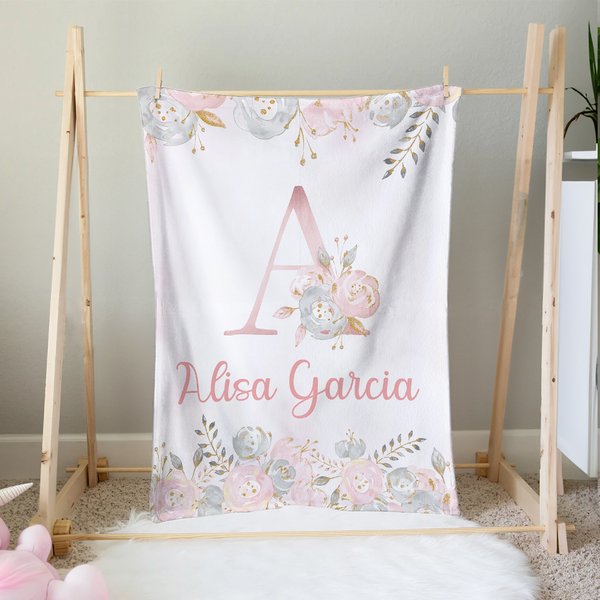 Personalized Pink Floral Soft Throw Blanket with Initial and Name Birthday Baby Shower Gift for Baby Girls
