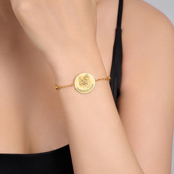 Bracciale regolabile con testo inciso personalizzato con ritratto di cane e gatto Regalo commemorativo di compleanno per gli amanti degli animali domestici