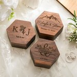 Personalized Hexagon Mountain Flower Wooden Ring Box with Triple Slot Wedding Engagement Proposal Keepsake Gift for Couple