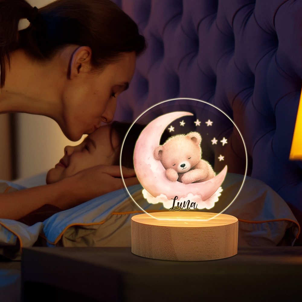 Luce notturna personalizzata con nome luna stella orsetto acrilico base in legno