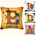 Personalizada de dibujos animados bruja vampiro suave almohada cubierta con la inicial y el texto decoración del hogar Halloween regalo para niños niñ
