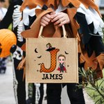 Sac en toile de jute avec nom et initiales pour Halloween Cadeau de saison pour garçons filles