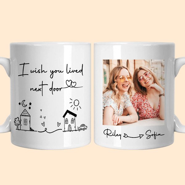 Personalised I Wish You Lived Next Door Ceramic Coffee Mug with Photo and Name Friendship Long Distance Gift for Friends Couple