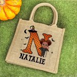 Sac en toile de jute avec nom et initiales pour Halloween Cadeau de saison pour garçons filles