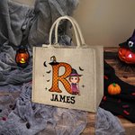 Sac en toile de jute avec nom et initiales pour Halloween Cadeau de saison pour garçons filles