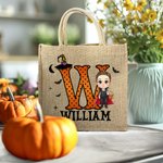 Sac en toile de jute avec nom et initiales pour Halloween Cadeau de saison pour garçons filles
