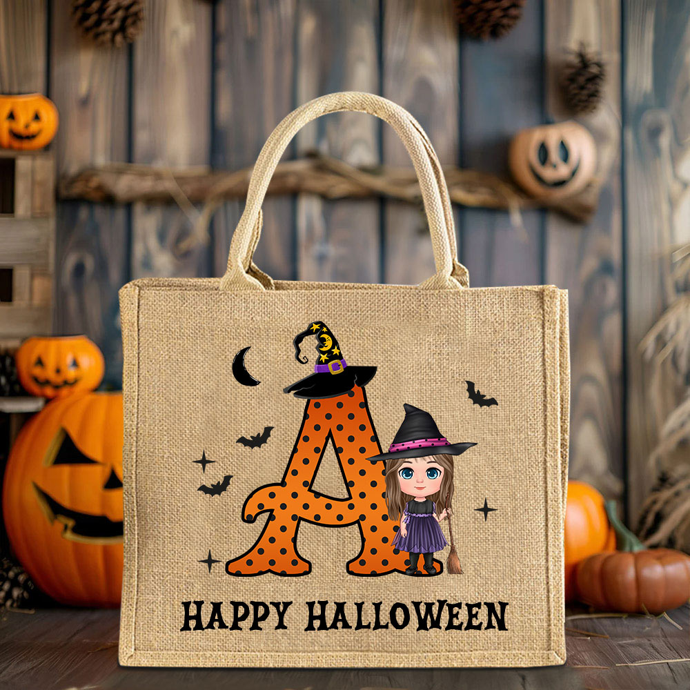 Sac en toile de jute avec nom et initiales pour Halloween Cadeau de saison pour garçons filles