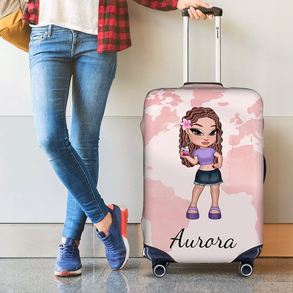 Personalized Y2K Style Cartoon Character 18-32 Inches Luggage Cover with Name and World Map Birthday Travel Accessories Gift for Women Girls