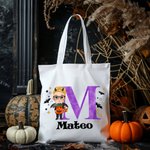 Personalizado lindo personaje de dibujos animados de lona tratar de bolsa con el nombre y la inicial de Trick or Treat Halloween Favor de fiesta de re