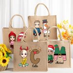 Personalized Christmas Cartoon Character Reusable Name Elk Snowman Jute Bag with Initial Christmas Birthday Gift for Family Friend