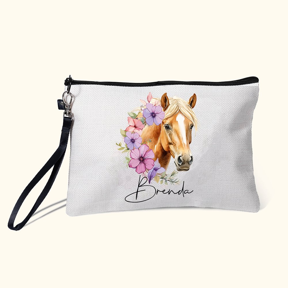 Trousse de maquillage personnalisée avec nom et sangle de poignet Cadeau d'anniversaire pour les amoureux des chevaux