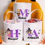Personalized Cute Cartoon Character Canvas Halloween Bucket Bag with Name and Initial Halloween Party Trick or Treat Gift for Kids