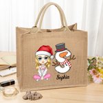 Personalized Christmas Cartoon Character Reusable Name Elk Snowman Jute Bag with Initial Christmas Birthday Gift for Family Friend