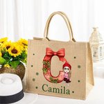 Personalized Cartoon Character Holly Bow Initial Reusable Large Jute Tote Gift Bag with Name Christmas Party Gift for Family