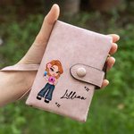 Personalized Y2K Cartoon Girl Tri-Fold PU Leather Wristlet Wallet with Card Holder and Name Birthday Christmas Gift for Women