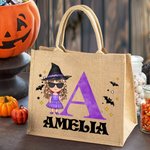 Personalised Cute Cartoon Witch Vampire Skelten Jute Tote Bag with Name and Initial Trick or Treat Halloween Party Favors for Boys Girls