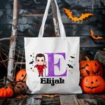 Personalizado lindo personaje de dibujos animados de lona tratar de bolsa con el nombre y la inicial de Trick or Treat Halloween Favor de fiesta de re