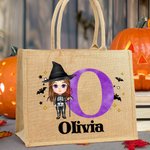 Personalised Cute Cartoon Witch Vampire Skelten Jute Tote Bag with Name and Initial Trick or Treat Halloween Party Favors for Boys Girls
