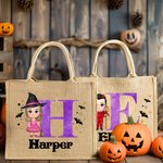 Personalised Cute Cartoon Witch Vampire Skelten Jute Tote Bag with Name and Initial Trick or Treat Halloween Party Favors for Boys Girls