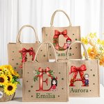 Personalized Cartoon Character Holly Bow Initial Reusable Large Jute Tote Gift Bag with Name Christmas Party Gift for Family