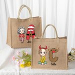Personalized Christmas Cartoon Character Reusable Name Elk Snowman Jute Bag with Initial Christmas Birthday Gift for Family Friend