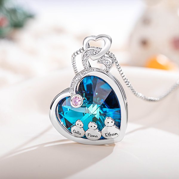 Personalisierte Schneemann Herz Halskette mit Namen und Kristall Geburtsstein Schmuck Geburtstag Weihnachtsgeschenk für Familie