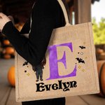 Personalised Cute Cartoon Witch Vampire Skelten Jute Tote Bag with Name and Initial Trick or Treat Halloween Party Favors for Boys Girls