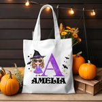 Personalizado lindo personaje de dibujos animados de lona tratar de bolsa con el nombre y la inicial de Trick or Treat Halloween Favor de fiesta de re