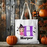Personalizado lindo personaje de dibujos animados de lona tratar de bolsa con el nombre y la inicial de Trick or Treat Halloween Favor de fiesta de re
