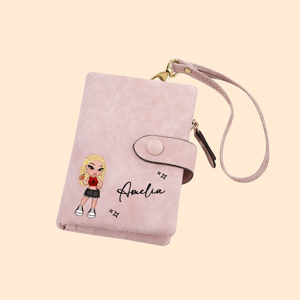 Henkilökohtainen Y2K Cartoon Girl Tri-Fold PU Nahka Rannekoru lompakko kortinhaltija ja nimi syntymäpäivä joululahja naisille