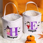 Personalized Cute Cartoon Character Canvas Halloween Bucket Bag with Name and Initial Halloween Party Trick or Treat Gift for Kids