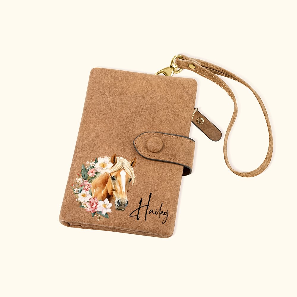 Portefeuille en Cuir PU Personnalisé de Nom Fleur de Naissance Motif Cheval avec Porte-Cartes Cadeau d'Anniversaire pour Femmes Amoureuse des Chevaux
