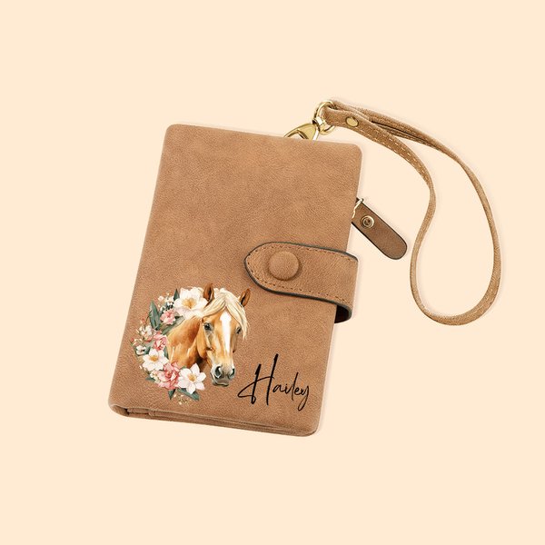 Personalized Birth Flower Horse Birthmark Tri-Fold PU Leather Wristlet Wallet with Card Holder and Name Birthday Gift for Horse Lover Women