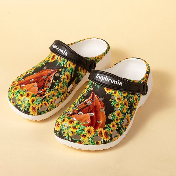 Personalized Funny Horse Face Photo Clog Slippers Nursing Shoes with Name Birthday Gift for Horse Lover