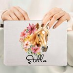 Personalized Birth Flower Horse Birthmark Makeup Bag with Name and Wrist Strap Travel Accessory Birthday Gift for Horse Lover