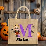 Personalised Cute Cartoon Witch Vampire Skelten Jute Tote Bag with Name and Initial Trick or Treat Halloween Party Favors for Boys Girls