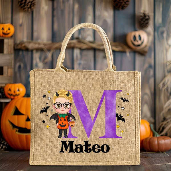 Sac en toile de jute avec nom et initiales pour la fête d'Halloween pour les garçons et les filles.