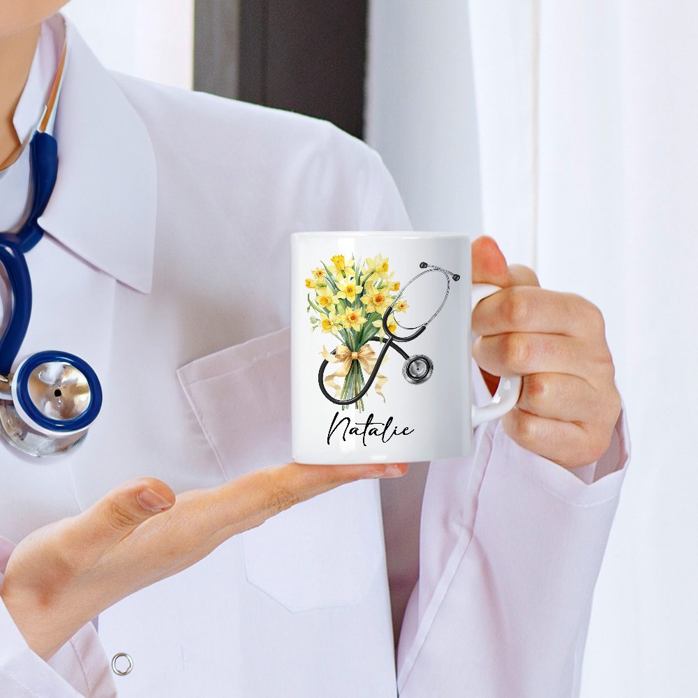 Tasse en Céramique Personnalisée 350ml avec Fleur de Naissance et Nom Cadeau d'Anniversaire Noël pour Médecin Infirmière