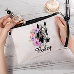 Personalized Birth Flower Horse Birthmark Makeup Bag with Name and Wrist Strap Travel Accessory Birthday Gift for Horse Lover