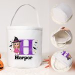 Personalized Cute Cartoon Character Canvas Halloween Bucket Bag with Name and Initial Halloween Party Trick or Treat Gift for Kids