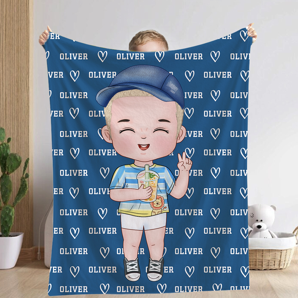 Personalised Cute Kid Cartoon Character Soft Throw Blanket with
