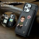 Coque iPhone en Cuir Personnalisée avec Personnage Nom Fleur de Naissance Coque Polyvalente à Porte-Cartes Cadeau Anniversaire Fête pour Amis Famille
