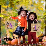 Personalised Cute Cartoon Witch Vampire Skelten Jute Tote Bag with Name and Initial Trick or Treat Halloween Party Favors for Boys Girls