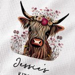 Personalised Floral Highland Cow 100% Cotton Quick Drying Waffle Tea Towel with Name Kitchen Decor Housewarming Gift for Highland Cow Lovers