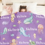 Couverture Douce Personnalisée avec Nom et  Motif d'Animaux Marins Cadeau Anniversaire Noël pour Enfants