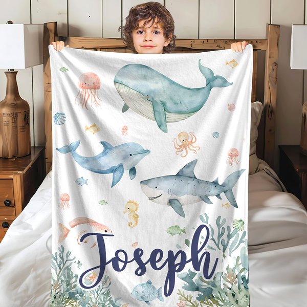 Couverture Douce Personnalisée avec Nom et  Motif d'Animaux Marins Cadeau Anniversaire Noël pour Enfants