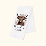 Personalised Floral Highland Cow 100% Cotton Quick Drying Waffle Tea Towel with Name Kitchen Decor Housewarming Gift for Highland Cow Lovers
